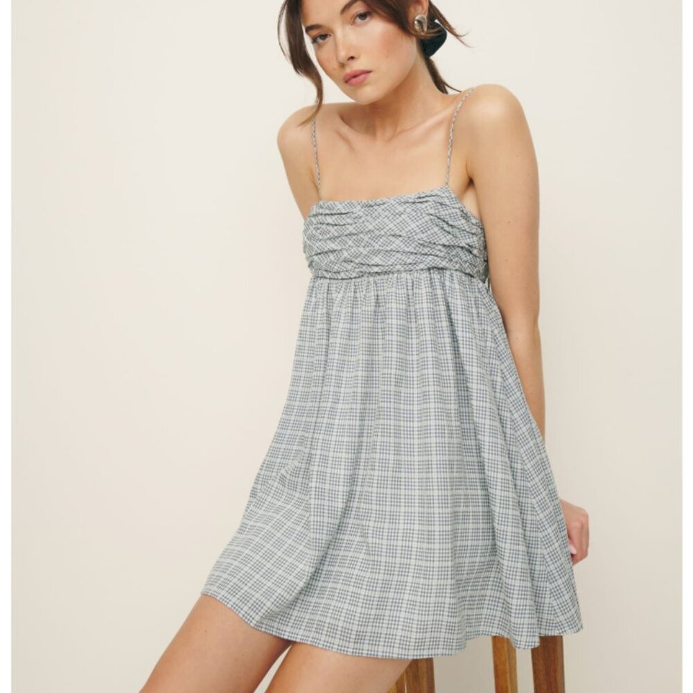 NWT Reformation Catarina Dress in Vintage Blue Check Size 10